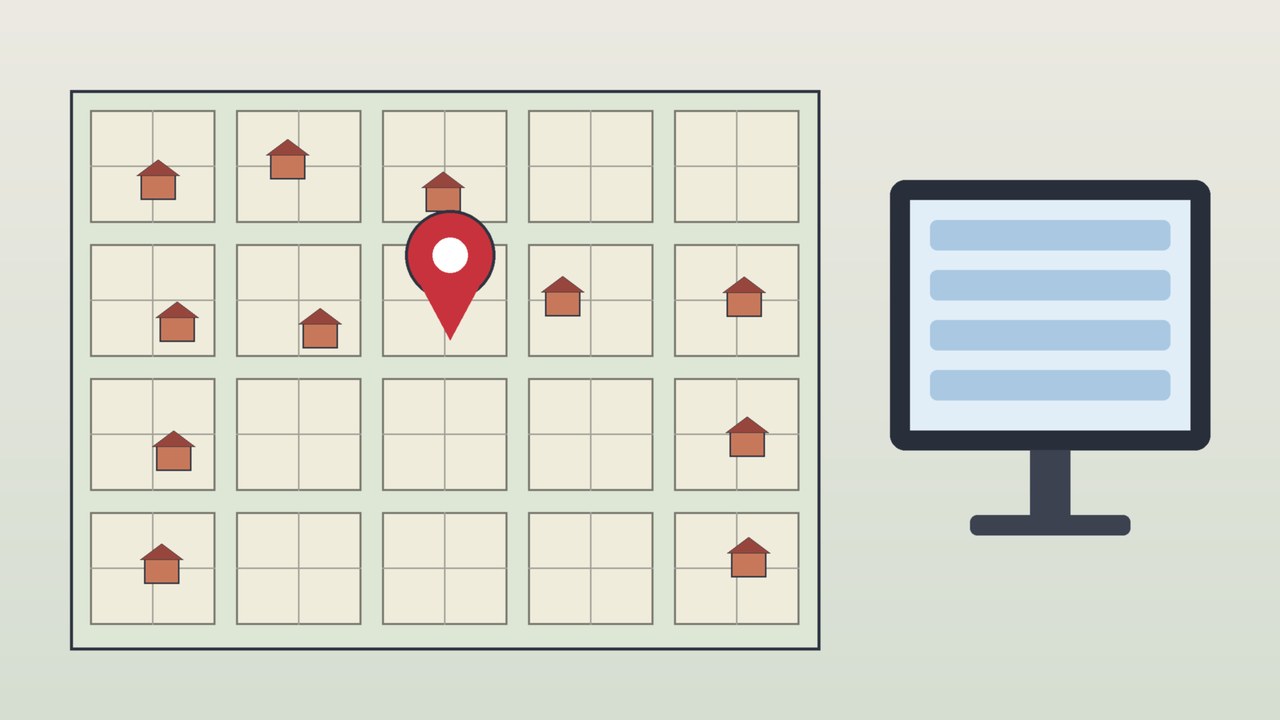 Ilustración conceptual de un mapa catastral con manzanas y lotes delimitados, casas, un marcador de ubicación y una pantalla digital, alusiva a la modernización del catastro y el registro de la propiedad en México