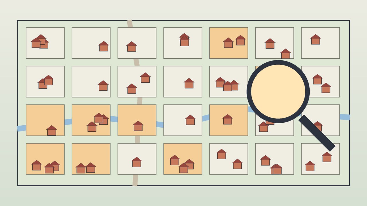 Ilustración conceptual de un mapa con manzanas y comunidades rurales, algunas zonas resaltadas en color, casas, caminos y una lupa, alusiva a la delimitación de las Zonas de Atención Prioritaria en México