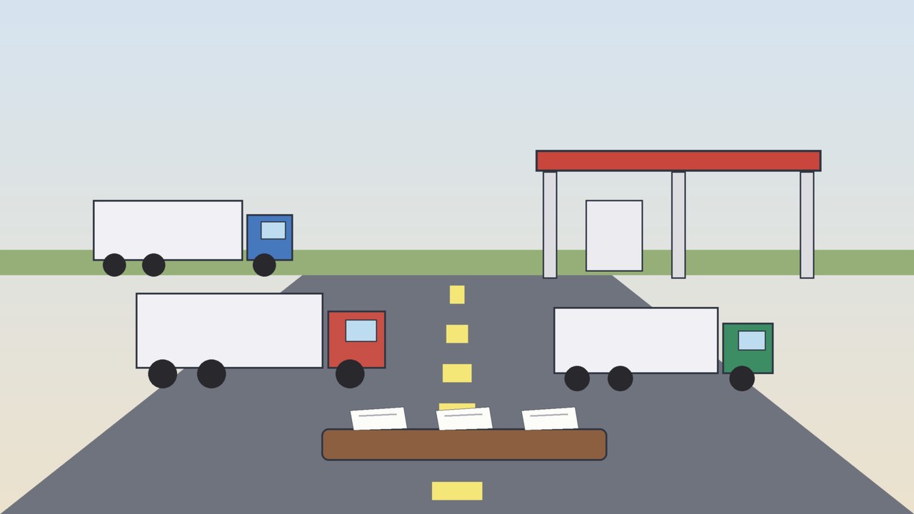 Ilustración conceptual de tractocamiones detenidos en una carretera junto a una caseta de peaje, con una mesa de diálogo y documentos al frente, alusiva al paro nacional de transportistas y las negociaciones con el gobierno en México