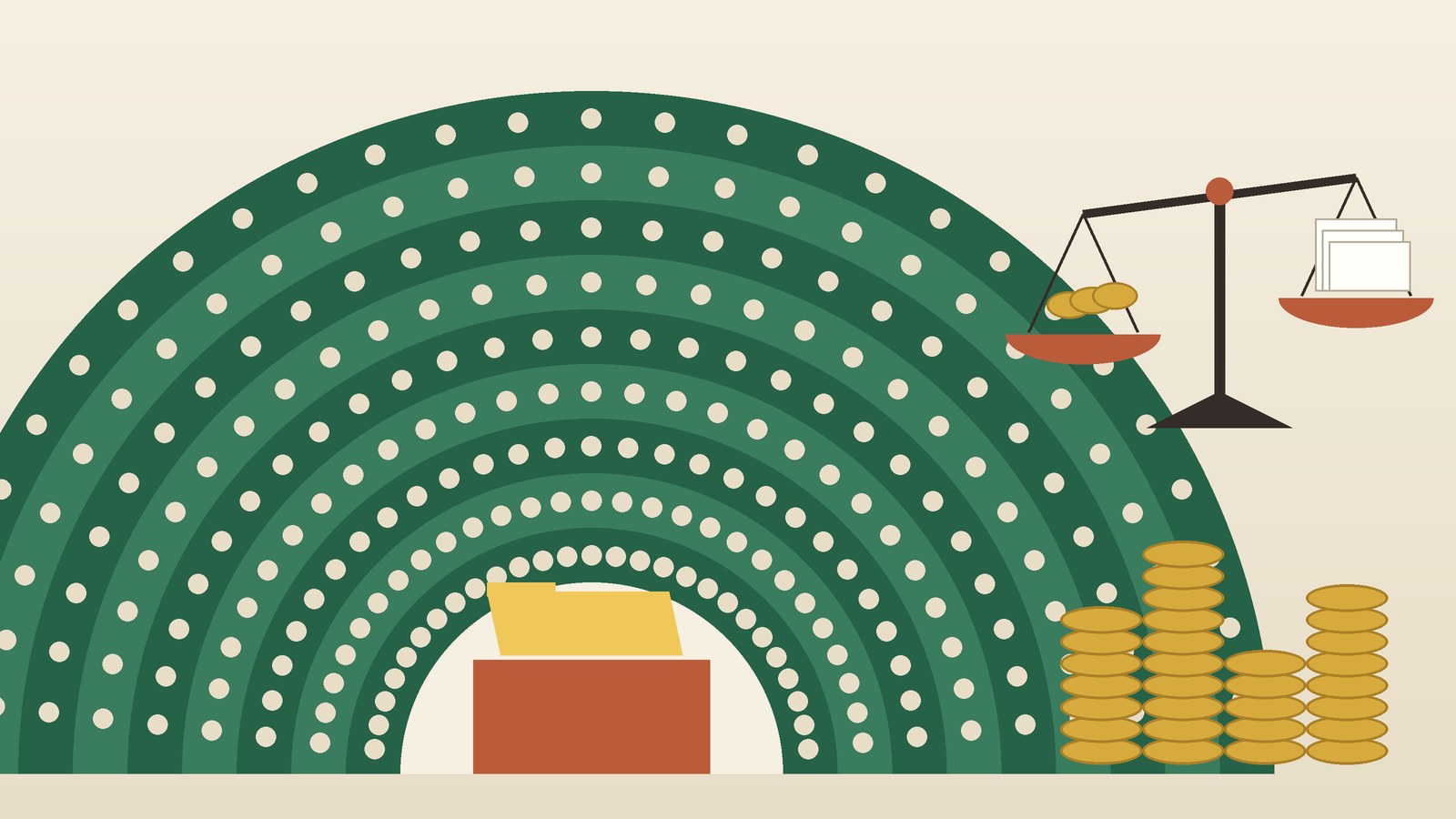 Ilustración de un hemiciclo legislativo con curules, una carpeta de presupuesto, una balanza y pilas de monedas, alusiva al Paquete Económico 2027